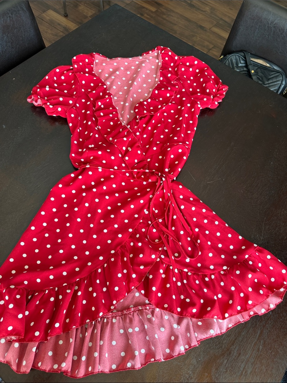 SHEIN Red & White Polka Dot Wrap Dress with Ruffle Trim